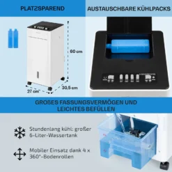 Freshboxx 3-in-1 Luftkühler 65 W 360 M³/h 6 Liter 2 Kühlakkus Mobil -Weinkühlschränke Verkäufe 10034629 de 0006 usp