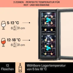 Shiraz 12 Duo Weinkühlschrank 2 Zonen 42L/12 Flaschen 5-12 / 12-18 °C Touch -Weinkühlschränke Verkäufe 10041361 de 0003 usp