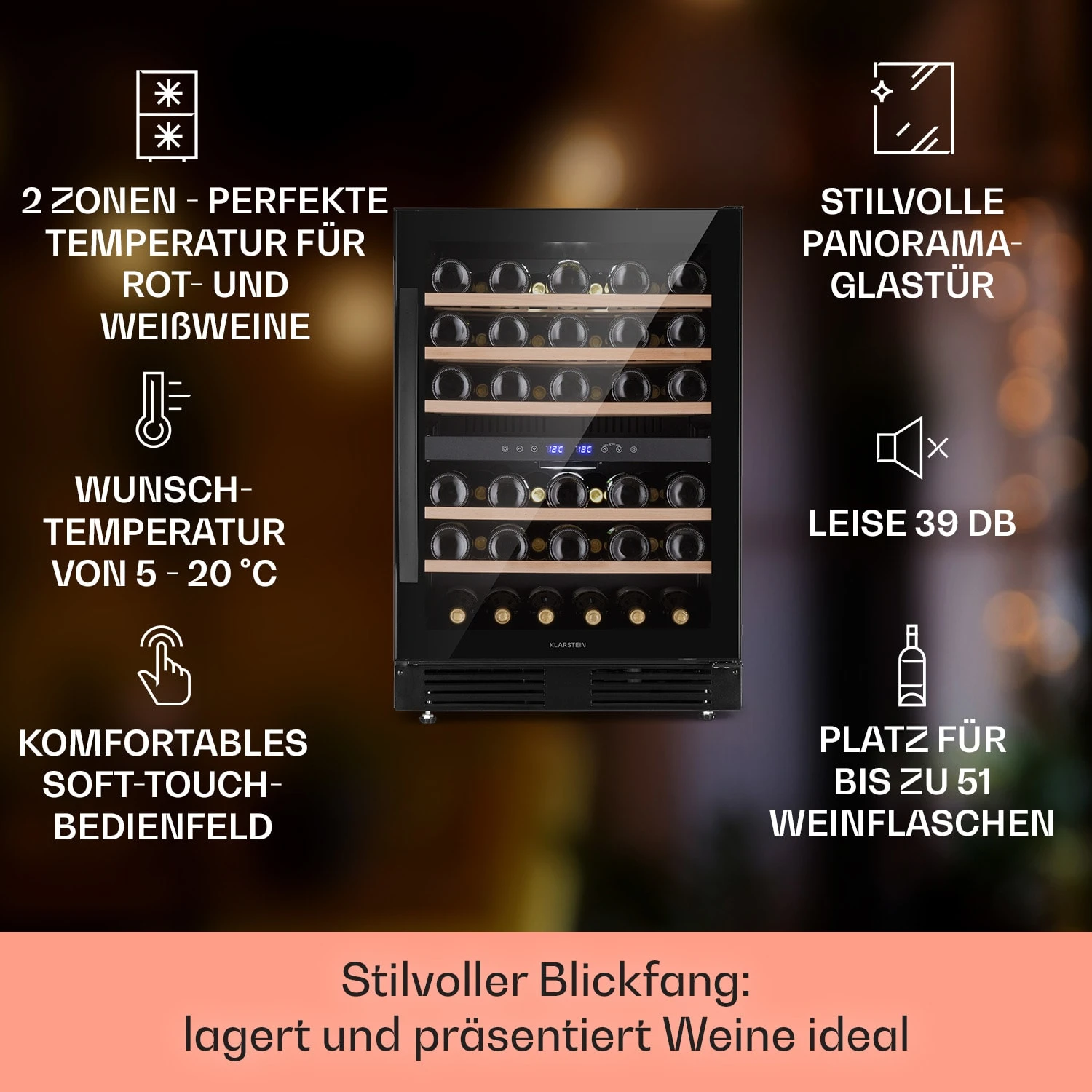 Vinovilla 50 Duo Zweizonen-Weinkühlschrank 53l 17 Fl. 3-Farben Glastür 2 Vinovilla 50 Duo Zweizonen-Weinkühlschrank 53l 17 Fl. 3-Farben Glastür – Bild 2